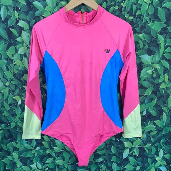 Aviator Nation Pink Blue Color Block Surf Suit Rash Guard Swimsuit Swim Size XL - Picture 3 of 14
